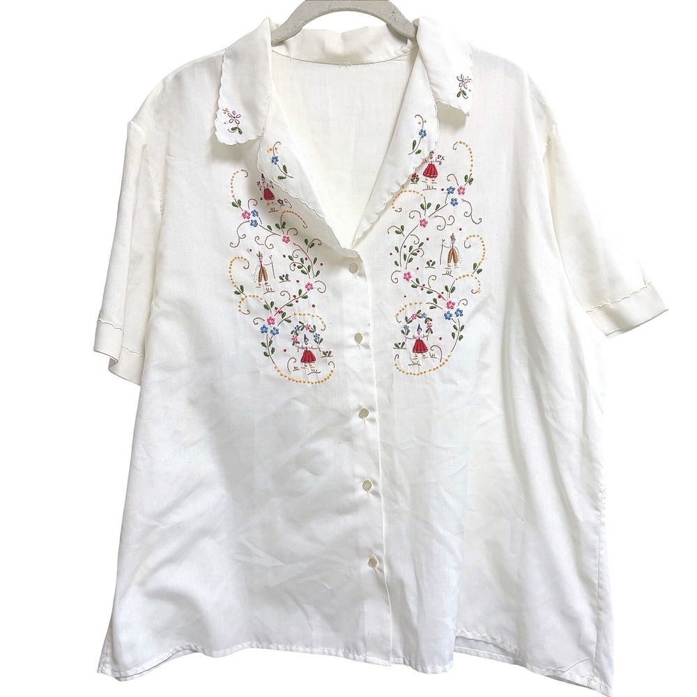 Embroidered Folk Art Scalloped Collar White‎ Button Down Shirt Large Vintage